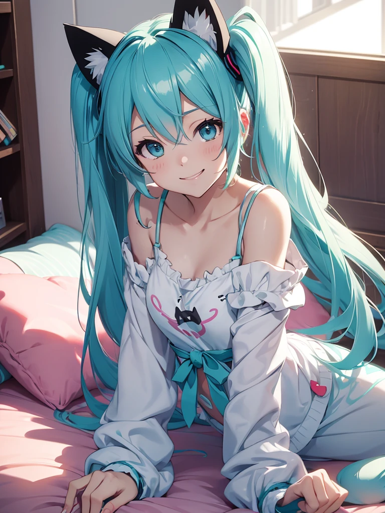 hatsune miku, pijama, cat ears, smiling