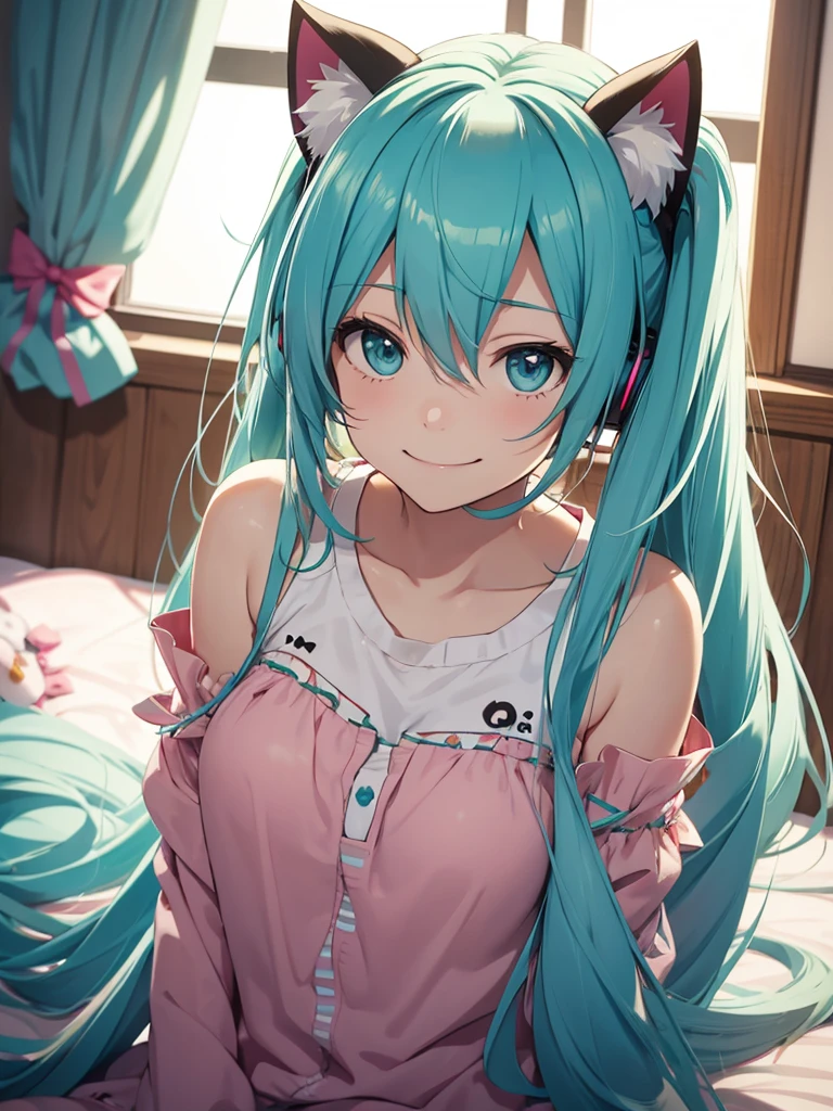 hatsune miku, pijama, cat ears, smiling