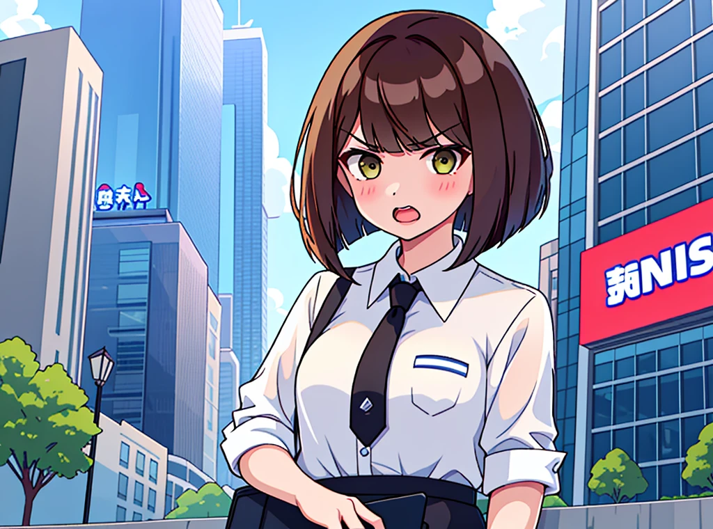 news station, serious face office lady, brown hair, bob cut, upper body. open mouth, small wipe of park, detailed news program, [pixel art]