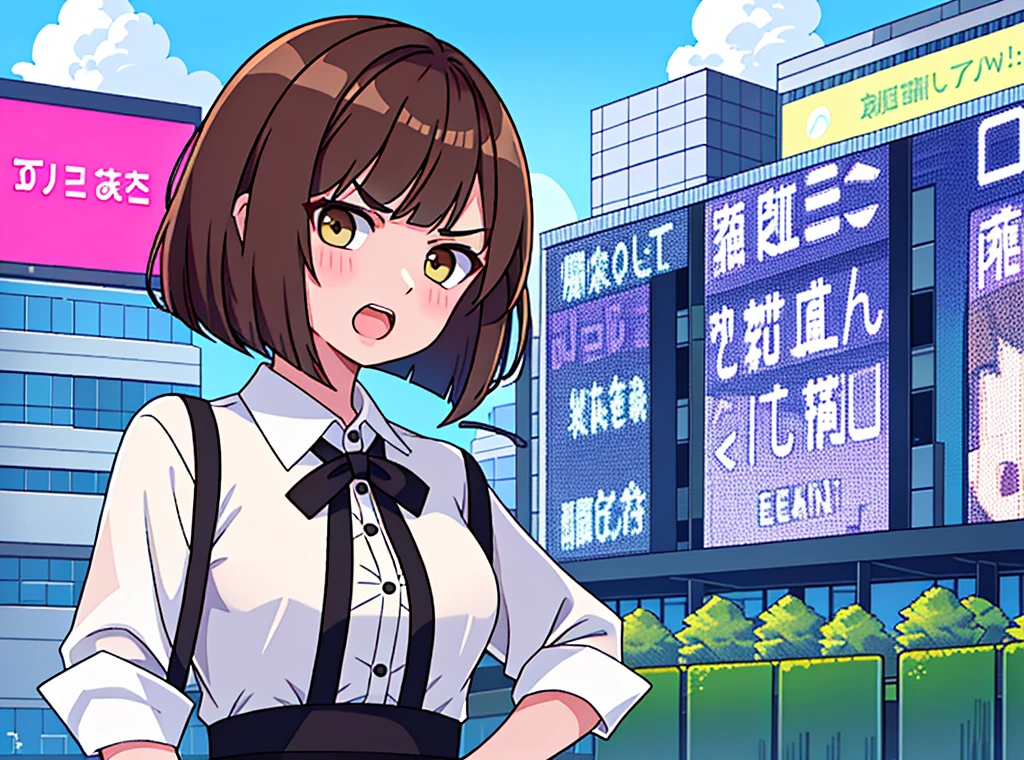 news station, serious face office lady, brown hair, bob cut, upper body. open mouth, small wipe of park, detailed news program, [pixel art]