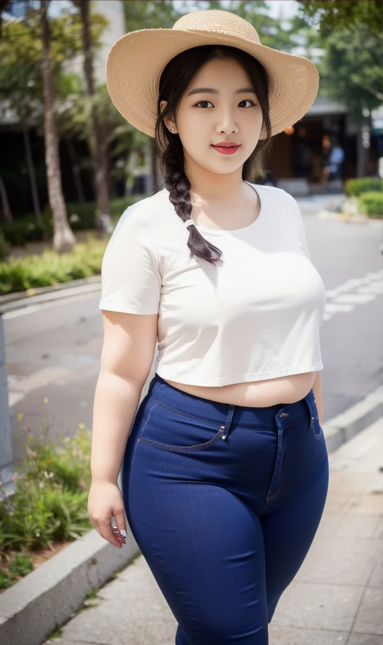 ((best quality)), ((masterpiece)), (detailed), perfect face, araffe woman in a long dark-blue shirt and blue denim skirt walking down a street, thicc,  wavy  short hair , she has a jiggly fat round belly, bbwchan, wearing tight simple clothes, skinny waist and thick hips, widest hips, her belly is fat and round, soft curvy shape, hyperrealistic full figure, wearing a cute top, wide hips, wearing 10 bracelet , wearing huge diamond necklace 