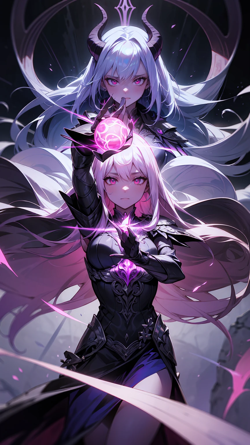 Create an illustration of a powerful, dark sorceress with deep purple skin and long, flowing white hair. She has glowing pink eyes and wears an elaborate, dark armor with intricate silver and red designs. She has large, curved black horns on her head, adding to her menacing presence. The sorceress holds a glowing blue lightning orb in one hand and a pink magical orb in the other. Her background is a mystical setting with ancient scrolls and scripts, with vibrant swirls of pink and blue magical energy emanating from her, blending into the surrounding atmosphere