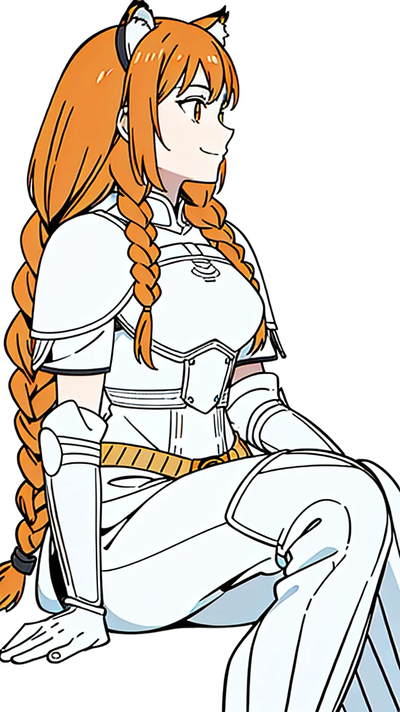 (1girl,20 years old,mature female,solo),tiger ears,long hair,(twin braids),orange hair,white armor,(white background,line drawing),smile,sitting,profile, looking away