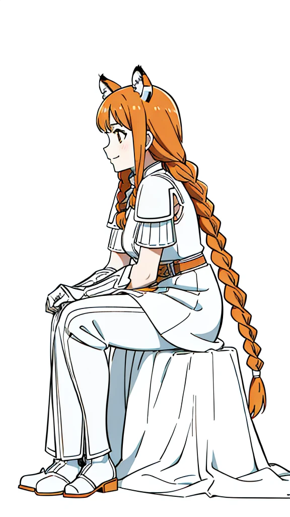 (1girl,20 years old,mature female,solo),tiger ears,long hair,(twin braids),orange hair,white armor,(white background,line drawing),smile,sitting,profile, looking away