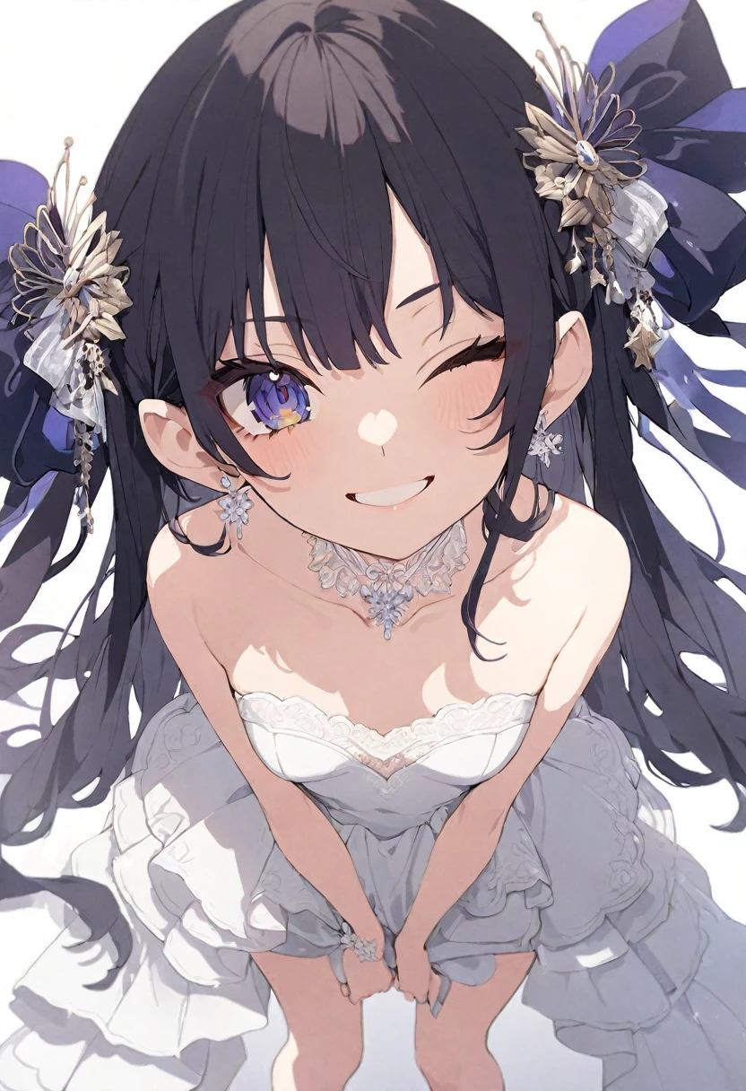 (muste piece), (best quality), very detailed eyes, expressive eyes, perfect face, very detailed face, highly detailed face, beautiful girl, (solo full body shot:1.3), 8K, beautiful girl, white background background, delicate and beautiful face and eyes, dark intense shadow,
1 girl, vtuber style, cool girl, hololive, Hoshimachi Suisei, Wedding dress, small chest, cropped shoulders, clavicle, one eye close winking, smile, body visible through clothes, chest visible through clothes, (full body), looking at viewer, standing,