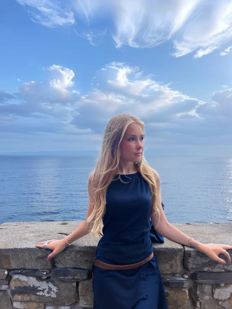 blond woman standing on a stone wall surplombant l&#39;océan, face à la mer, the océan en arrière-plan, océan en arrière-plan, debout au bord de l&#39;océan, regardant l&#39;océan, surplombant l&#39;océan, en regardant l&#39;océan, belle vue, sur l&#39;océan, regardant au loin, à côté de l&#39;océan réfléchissant, regardant au loin, vue sur l&#39;océan