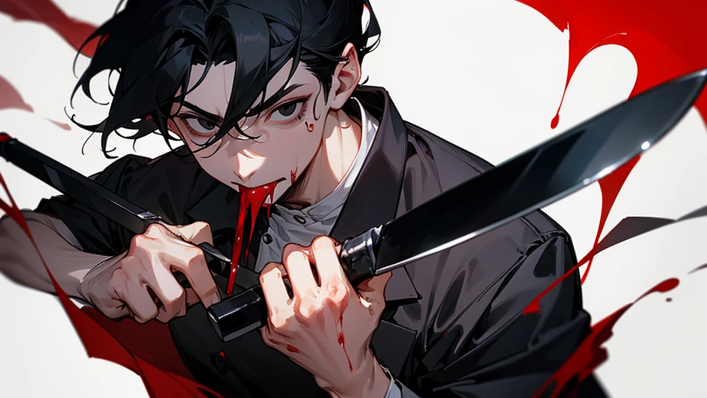 A man with black hair, black eyes, a sadistic face, mouth full of blood. There was blood all over his body, he was holding a kitchen knife, and he was wearing a chef's uniform.