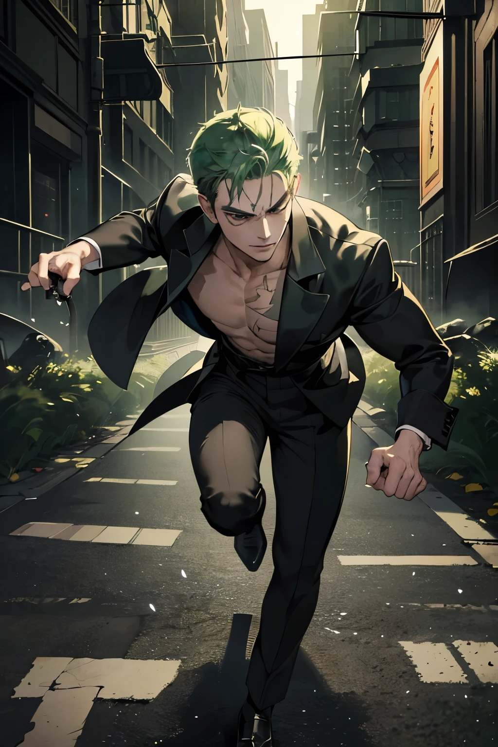 a handsome 1man, Roronoa Zoro, angry expression, (one eye closed), scar on eye, green hair, alone, full body, ((((masterpiece))), ((best quality)), (extremely detailed), intense dark shadows, lighting, hdr, good composition, dynamic pose, black eyes, modern and elegant dark clothes, blurred city street background at night