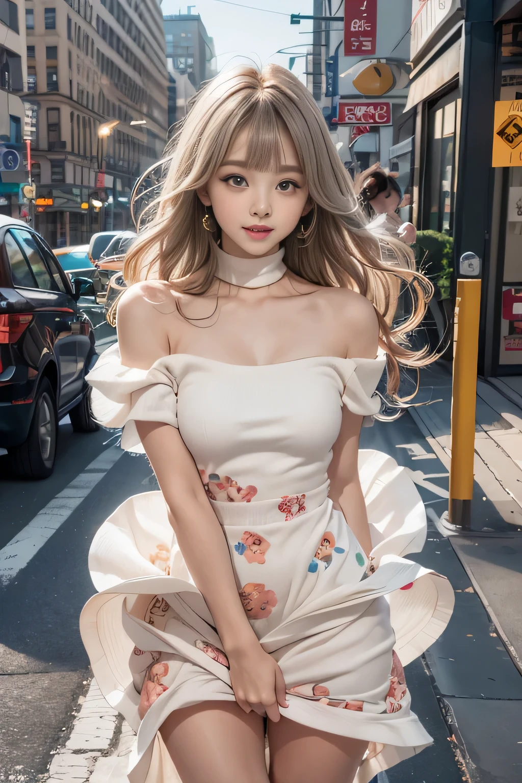 (( standing on the sidewalk of an office district in New York)), Silver hair, Bangs, Blunt bangs, Long straight hair, aqua eyes, longeyelashes, Solid Circle Eyes, makeup, Open mouth, blush, Parted lips, Bright pupils, smiley, Seductive smile, glint, surrealism, Modern、Black pantyhose、high-heels、((Pure white dress、Floral dress、、off shoulders、: 1.6))、Skyscrapers are hazy in the windows、mix4、((Skirt soars in the wind)),((Eyes closed))、((yawning being)),((T-back panties are visible))、((Full body angle))、、