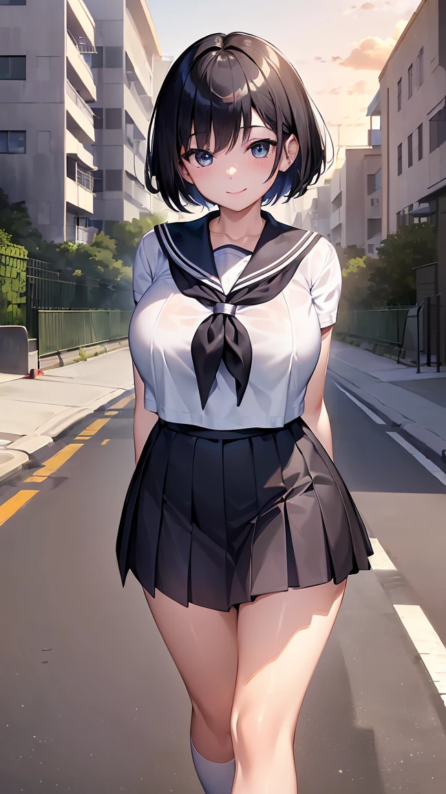 ​(morning, crossing, neighborhood, schoolway :1.4), high resolution, extremely detailed CG, unity 8k wallpaper, super detailed skin, perfect anatomy, detailed, cinematic lighting, dynamic lighting, beautiful detailed eyes, black short hair, (smile:1.2)、(looking at viewer:1.8), (huge breasts:1)、 (sailor uniform), (gleaming skin:1.2)、
(arms behind back, walking:1.3),