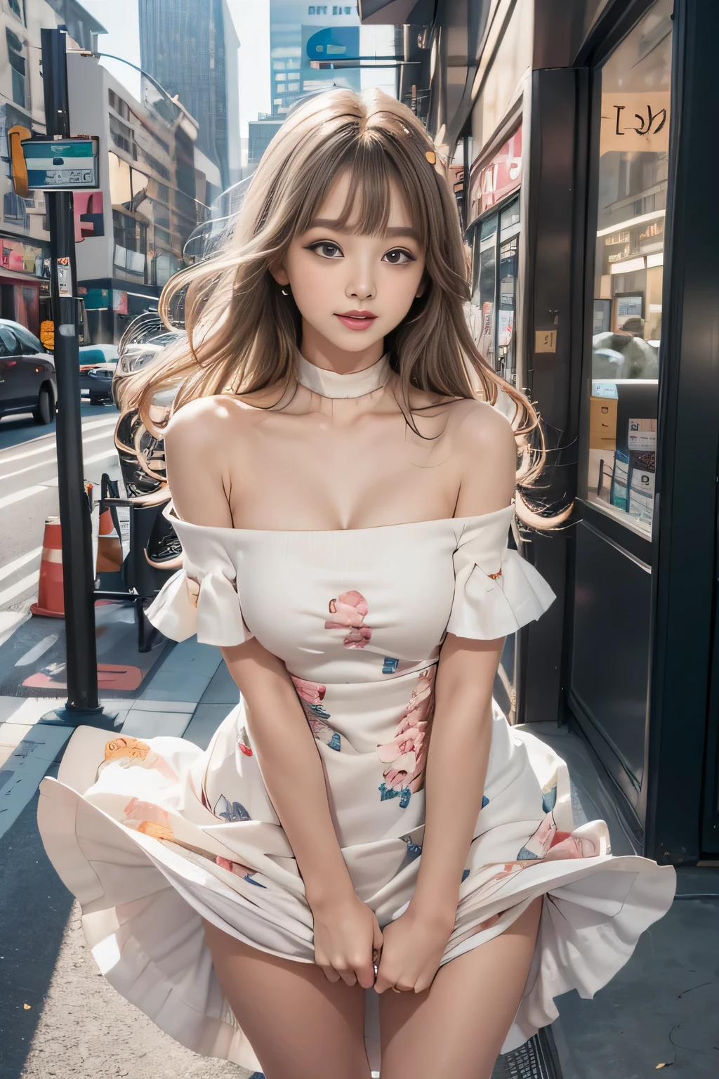 ((Girl Standing In Office)）,(((posterior view))）、 Silver hair, Bangs, Blunt bangs, Long straight hair, aqua eyes, longeyelashes, Solid Circle Eyes, makeup, Open mouth, blush, Parted lips, Bright pupils, smiley, Seductive smile, glint, surrealism, Modern、Black pantyhose、high-heels、（(Pure white dress、Floral dress、、off shoulders、up skirt: 1.6)）、Skyscrapers are hazy in the windowix４、(()）、((stick out buttocks))、Provocative、 (Best Shadow: 1.1), （tongue、Vaginal orchids、Runny Vaginal Discharge、Blowing tide）、