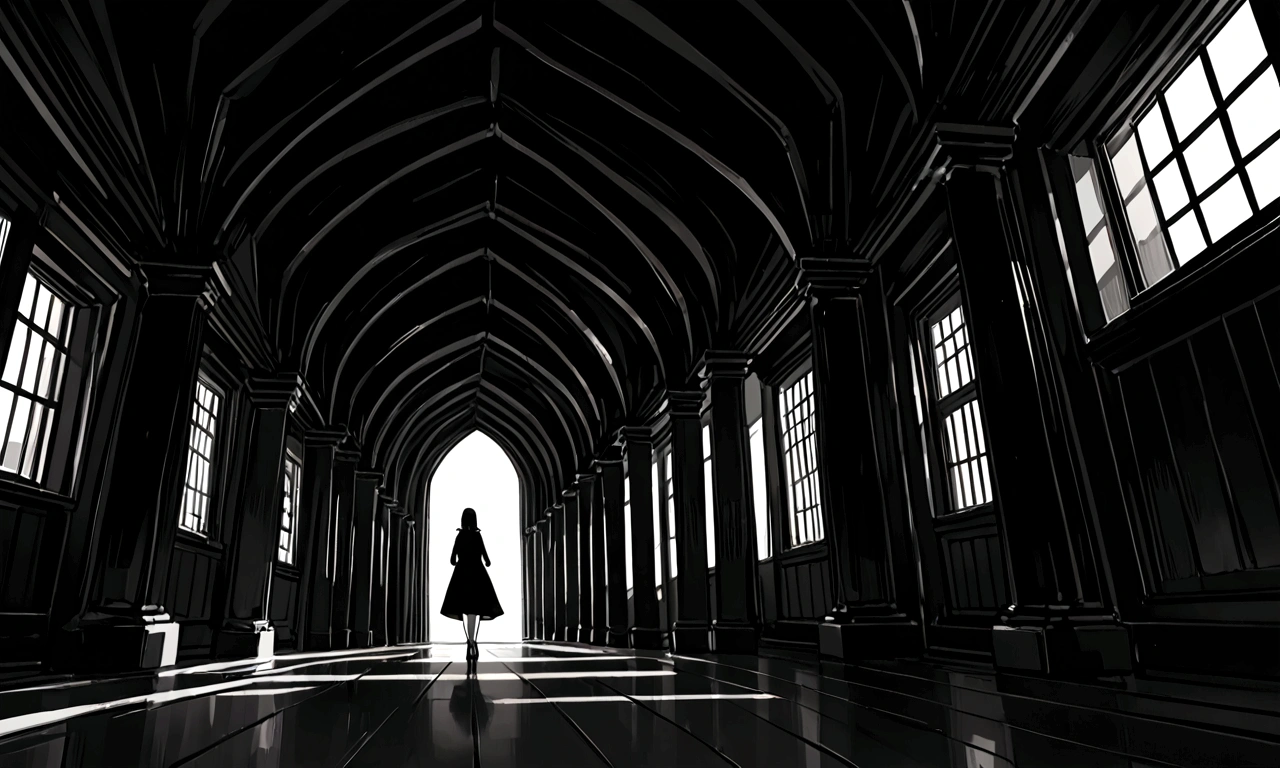 Create only the woman's feet,Walking in heels,Black heels,Only the knees and below are visible,Dark light source,The light is dim,Corridor inside the building,Wearing a long black skirt,There is no light from outside,Horror atmosphere.