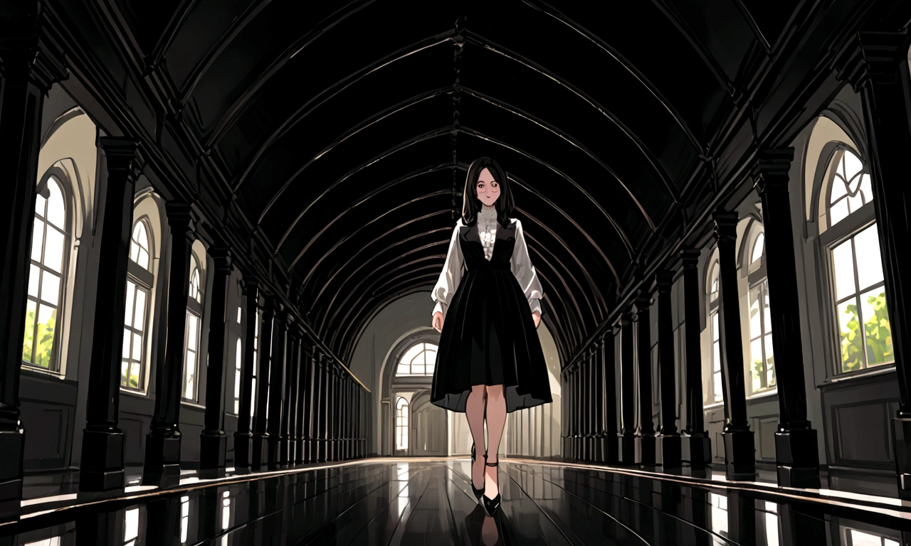 Create only the woman's feet,Walking in heels,Black heels,Only the knees and below are visible,Dark light source,The light is dim,Corridor inside the building,Wearing a long black skirt,There is no light from outside,Horror atmosphere.