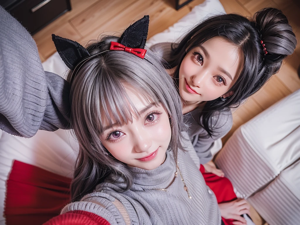 Prompt: Graffiti, beautiful illustration, best quality, cute petit girl, (transform sequence), from below, upper body, (evil smile:1.5), hair over bath eyes,1girl, (solo:1.5), curren chan,(everyday wear , red skirt, sweater, gray hair, black fake animal ears :1.3), cowboy shot, prism background, on the couch, standing, look viewer, golden ratio, holographic, heart, (loating hair1.5), (from  above:1.5), Best Quality, 1 beautiful Japanese woman, standing in front of a full-length  (selfie:1.5), making a playful pose with one foot raised and a cheeky grin, at a luxury europe hotel,  (face close up:2.0, 