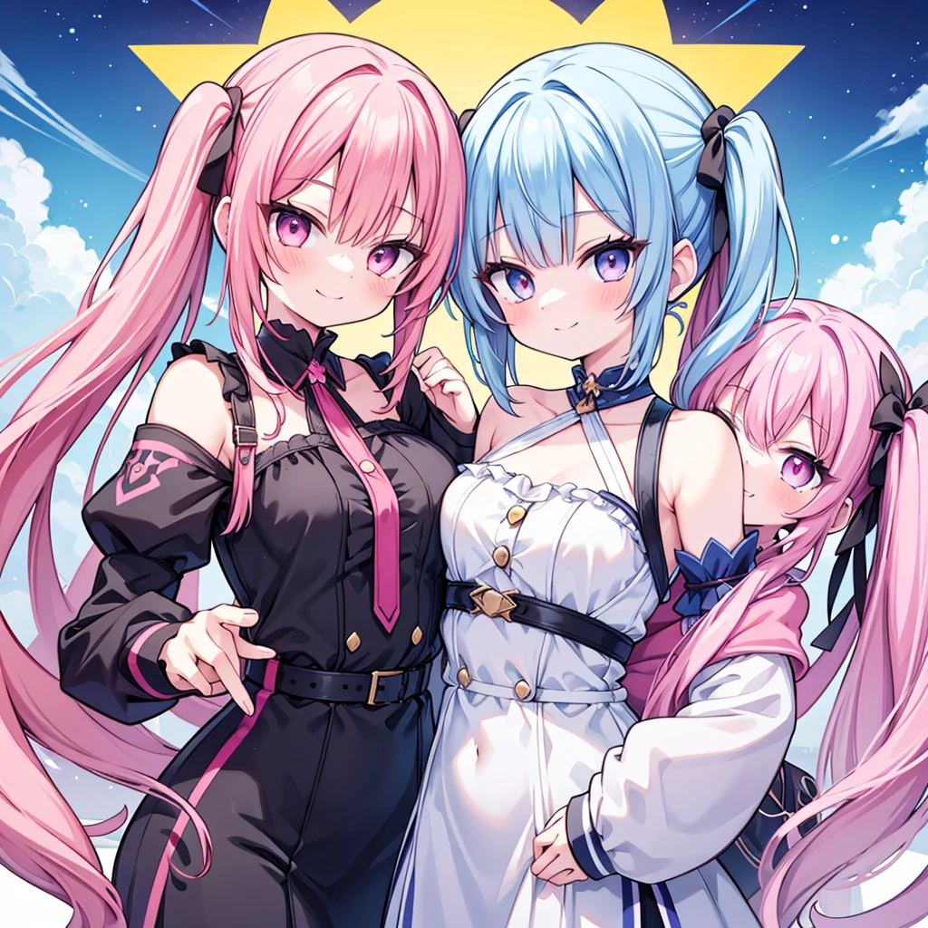 masterpiece, best quality, hyper detailed, 3girl, evil smiling, looking at viewerery,flat chest,blue hair,short twintails,middle hair,sky blue eyes,cute miniskirt,cute striped panty,cute high socks,cute shoes,smirk,pantyshot,
1girl, evil smiling, looking at viewer,flat chest,small breasts,pink hair,twintails,middle hair,pink eyes,with star-shaped eyes,
2girl, evil smiling, looking at viewer,big chest,yellow hair,twintails,middle hair,yellow eyes,with star-shaped eyes,