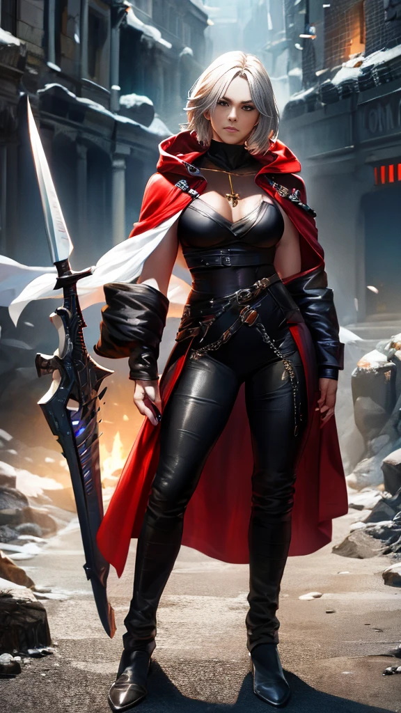Little Red Riding Hood grew up to be a witcher，Holding a silver sword in his hand，Wearing tights，Cold personality，Wearing a sawed-off shotgun，Wearing long boots，A pair of arm armor，There is a cross pattern on the arm armor，A cross necklace around the neck，Carrying a long-handled shotgun on his back，slim，Sexy，Various potion bottles are worn on the belt，Wearing white clothes，Will use magic，Wearing shorts，Black Silk，shawl，leather armor，Leather pants，Braids，Mature women，short hair，Gold Eyes