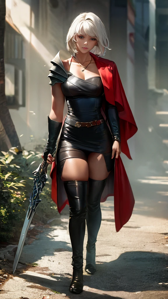 Little Red Riding Hood grew up to be a witcher,Holding a silver sword in his hand,Wearing tights,Cold personality,Wearing a sawed-off shotgun,Wearing long boots,A pair of arm armor,There is a cross pattern on the arm armor,A cross necklace around the neck,Carrying a long-handled shotgun on his back,slim,Sexy,Various potion bottles are worn on the belt,Wearing white clothes,Will use magic,Wearing shorts,Black Silk,shawl,leather armor,Leather pants,Braids,Mature women,short hair,Gold Eyes