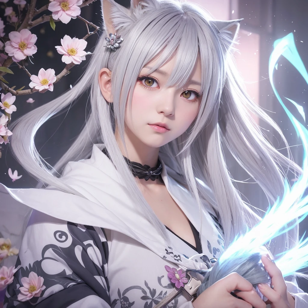 Anime girl with white hair, cat ears and flowers in hair, White fox, Gray-haired deity, shikamimi, Cute anime cat girl, onmyoji portrait, Gray-haired, Ayaka Genshin Impact, Shirabii, Beautiful anime cat girl, Cute Anime Girl Portrait, Detailed fan art, Splash Art Anime Loli, Zerochan Art