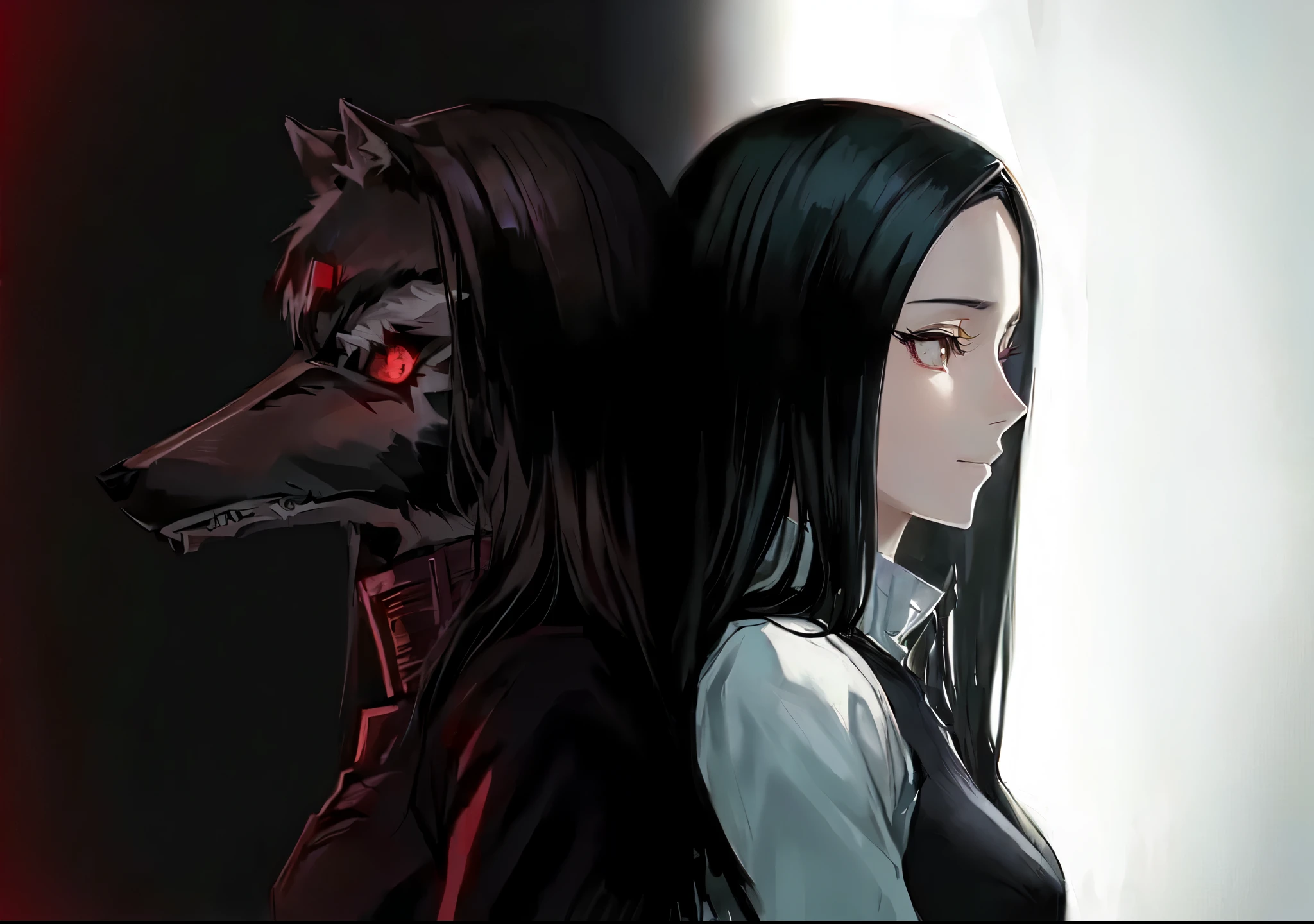 anime, the wolf and the girl are looking at each other, in the anime series ergo proxy, it's pixivs and junji, see Kamagurka, this junji art, by Jason Teraoka, in the ergo proxy anime film, junji it's 4 k, By Kose Kanaoka, Japanese gothic