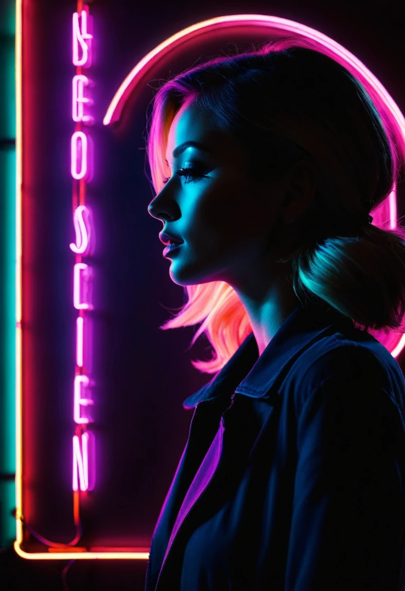 Side face silhouette,Shadow of beautiful woman under neon sign,Huge neon signboard,(Neon sign with text:1.5)