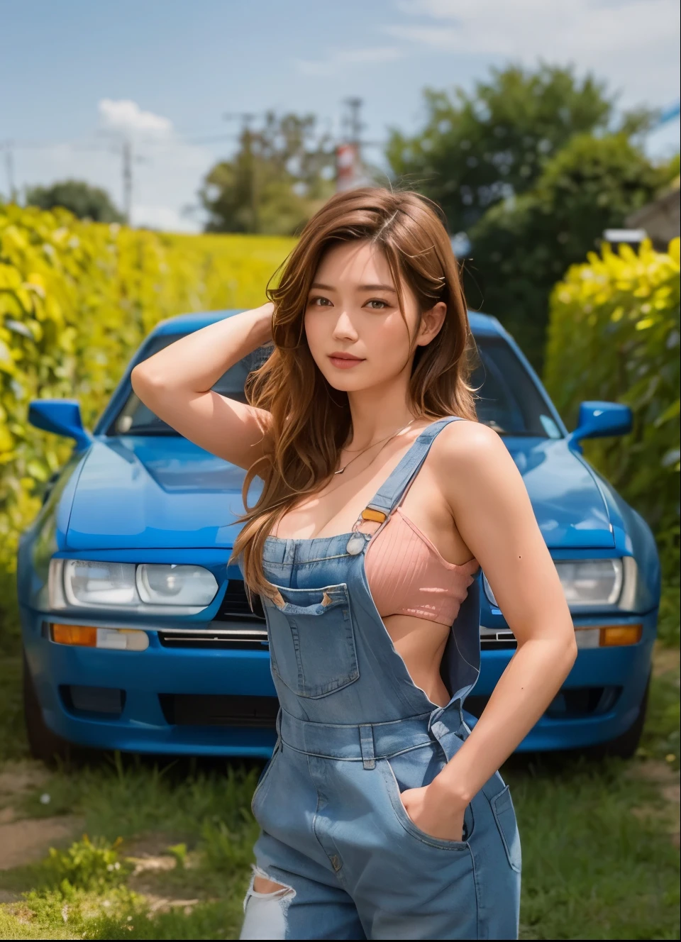 Japanese woman in overalls posing in front of a blue car, blue overalls, cute girl wearing tank suit, wearing blue jean overalls, instagram model, very pretty model, wearing dirty overalls, beautiful mexican woman, beautiful model girl, sexy girl, wearing overalls, anna nikonova aka newmilky, cute woman, beautiful female model