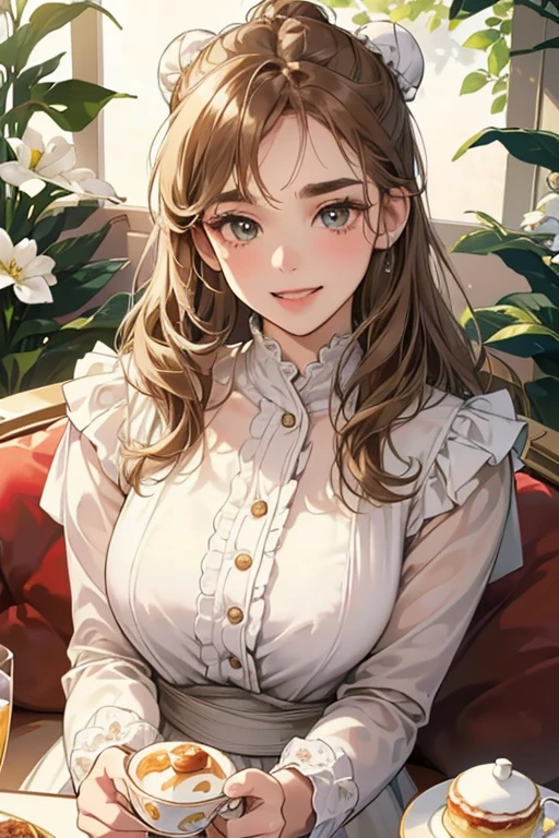 (table top, digital illustration, 4k, 8k, Super detailed, beautiful images, clear image, perfect face, perfect lines, perfect eyes, soft lighting) 1 female, (light brown hair,bun hair,innocent look,droopy eyebrows,droopy eyes、With a round face,round chin、innocence,cute,Big eyes,natural makeup,smile gently,E cup,23 years old:1.3),Two handsome men in suits, (human,man in suit,muscular,solid shoulder width, boyish hairstyle,A man in his 30s with a cool expression,28 year old man with a bright smile:1.2),garden full of light、lots of flowers、Squirting、colorful flower light,(embarrassing,shy smile:1.2),resort sofa,kiss、カップルkiss、romance porn、couple of man and woman looking at each other、In battle、Afternoon tea、lunch