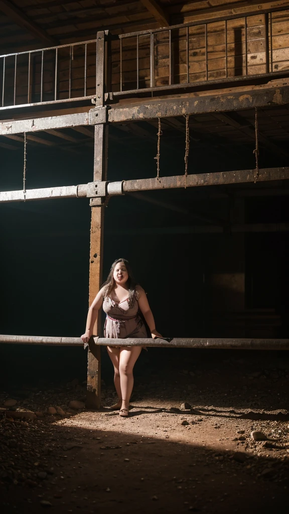 A very fat, obese 10-year-old girl in an underground prison, looking excited, detailed facial features, (best quality,4k,8k,highres,masterpiece:1.2),ultra-detailed,(realistic,photorealistic,photo-realistic:1.37),HDR,UHD,studio lighting,ultra-fine painting,sharp focus,physically-based rendering,extreme detail description,professional,vivid colors,bokeh,dark and moody atmosphere,cinematic lighting,dramatic shadows,claustrophobic environment,rusty metal bars,stone walls,dirt floor,glowing lights,excited expression,chubby cheeks,double chin,plump body,thick arms and legs