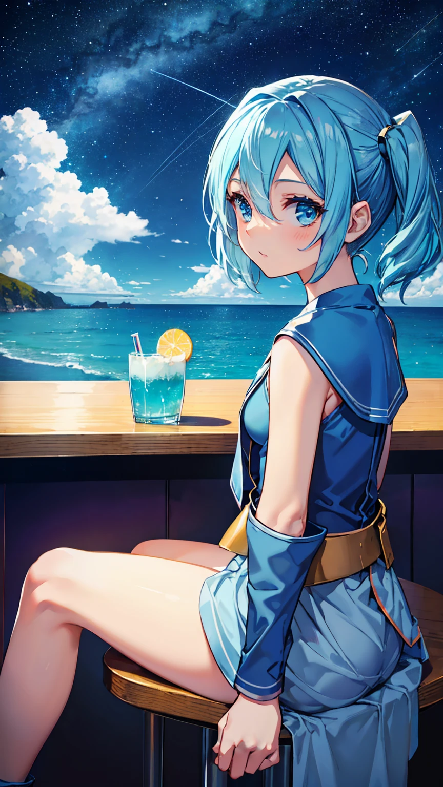 Bar in the sky, 1girl, solo, alone, ,flat chest,blue hair,short twintails,middle hair,sky blue eyes,sitting at bar counter, from side, drinking, (ocean:1.3), candles, starry sky, shooting stars, masterpiece, best quality, ultra detailed,bar