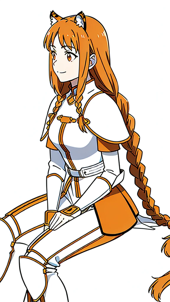 (1girl,20 years old,mature female,solo),tiger ears,long hair,(twin braids),orange hair,white armor,(white background,line drawing),smile,sitting,profile, looking away