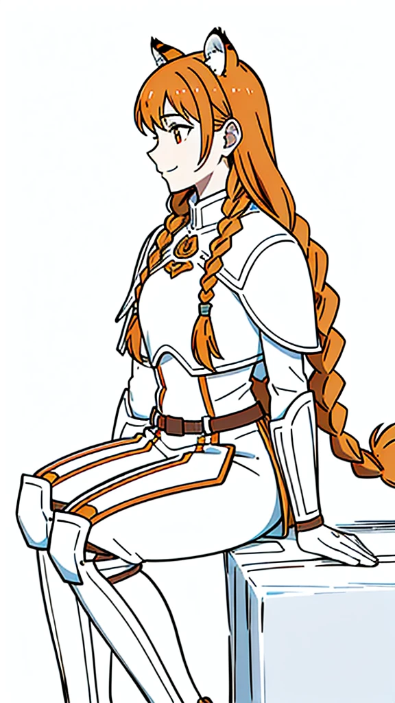 (1girl,20 years old,mature female,solo),tiger ears,long hair,(twin braids),orange hair,white armor,(white background,line drawing),smile,sitting,profile, looking away
