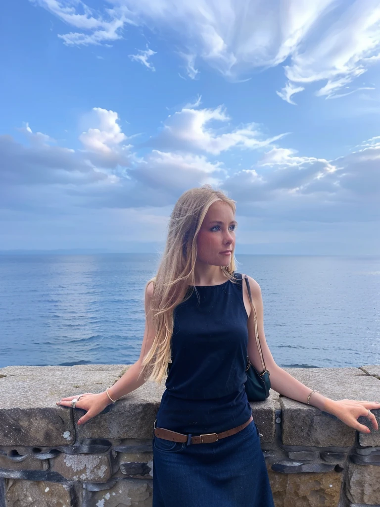 blond woman standing on a stone wall surplombant l'océan, face à la mer, the océan en arrière-plan, océan en arrière-plan, debout au bord de l'océan, regardant l'océan, surplombant l'océan, en regardant l'océan, belle vue, sur l'océan, regardant au loin, à côté de l'océan réfléchissant, regardant au loin, vue sur l'océan