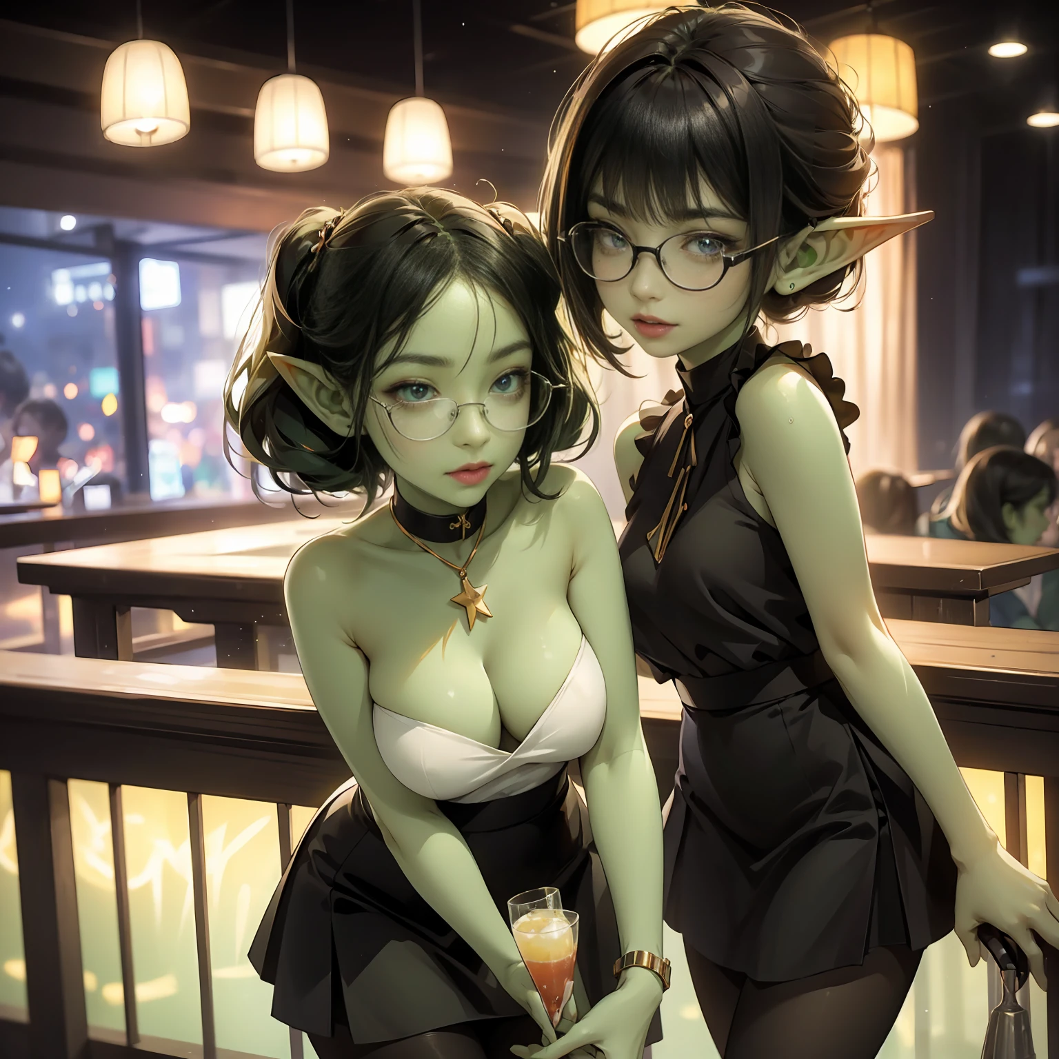 ((best quality)), ((masterpiece)), (detailed), perfect face, ((green skin)), pointy ears, very shy, tiny breasts, wearing black rimmed glasses, short dark hair, wearing white blouse and black skirt and black pantyhose and back pumps, (night outside), unbuttoned blouse, having drinks at a karaoke bar, smiling, a little bit drunk, drinking a cocktail, holding a cocktail