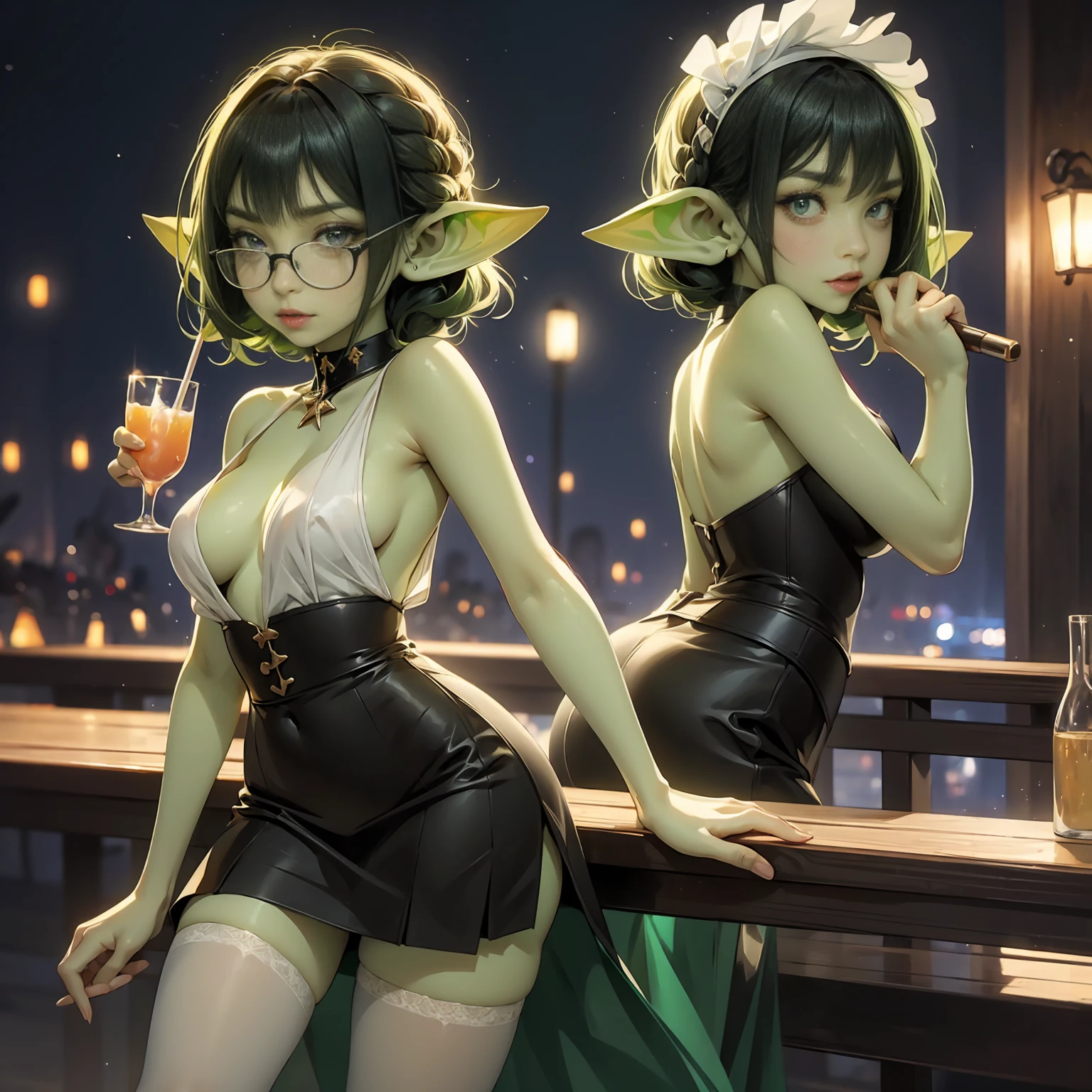 ((best quality)), ((masterpiece)), (detailed), perfect face, ((green skin)), pointy ears, very shy, tiny breasts, wearing black rimmed glasses, short dark hair, wearing white blouse and black skirt and black pantyhose and back pumps, (night outside), unbuttoned blouse, having drinks at a karaoke bar, smiling, a little bit drunk, drinking a cocktail, holding a cocktail