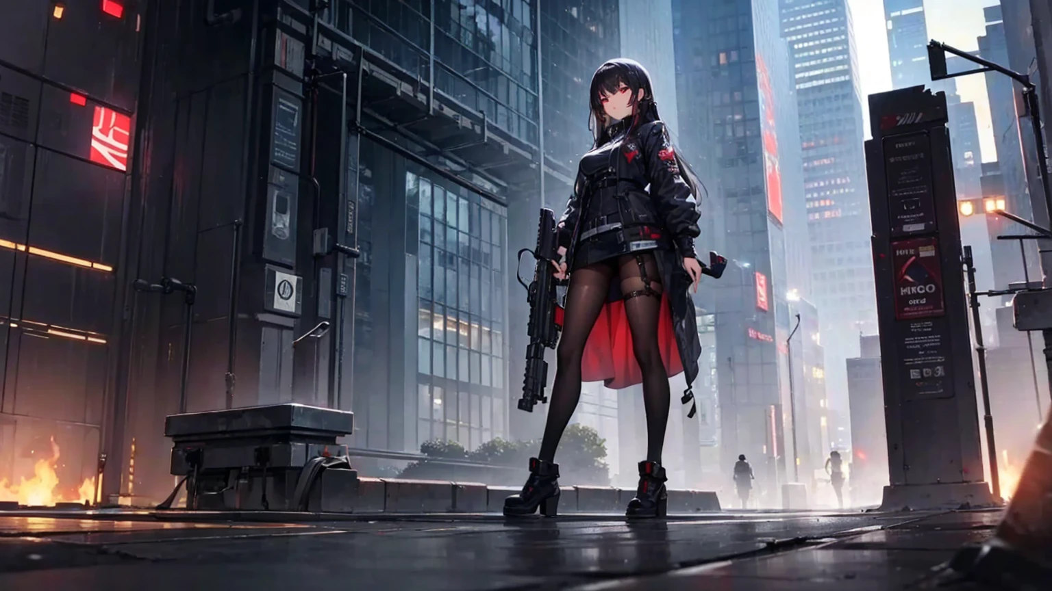 (((1 boy)),raytraced,(dimly lit by),[detailedbackground(Black night sky)),((cabelos preto e longos)),((black color hair)),(((((Black hair with fluffy hair))Wears a high ponytail)))Look straight ahead under the night sky((((The boy wears a crimson tech-style Assassin tights and a tech-inspired mask to cover his mouth)And wear naked finger gloves),Showing a delicate and capable body,Correct limbs,Half kneeling on the roof of the building