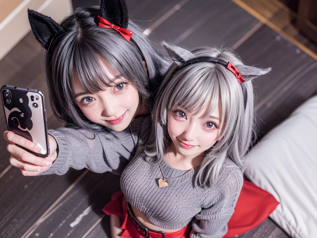 Prompt: Graffiti, beautiful illustration, best quality, cute petit girl, (transform sequence), from below, upper body, (evil smile:1.5), hair over bath eyes,1girl, (solo:1.5), curren chan,(everyday wear , red skirt, sweater, gray hair, black fake animal ears :1.3), cowboy shot, prism background, on the couch, standing, look viewer, golden ratio, holographic, heart, (loating hair1.5), (from above:1.5), Best Quality, 1 beautiful Japanese woman, standing in front of a full-length (selfie:1.5), making a playful pose with one foot raised and a cheeky grin, at a luxury europe hotel, (face close up:2.0,