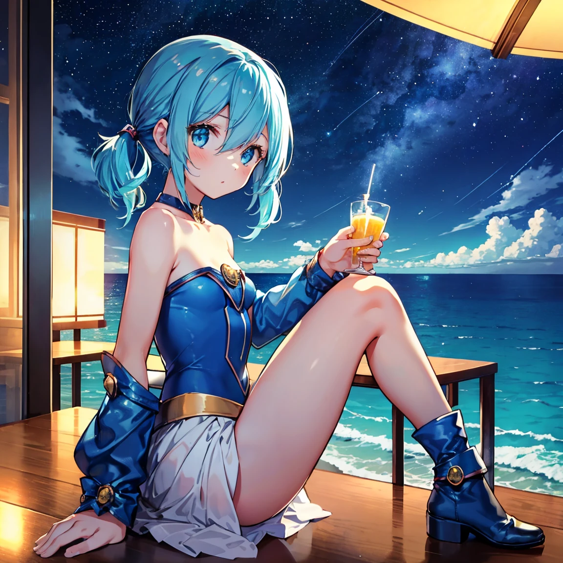 Bar in the sky, 1girl, solo, alone, ,flat chest,blue hair,short twintails,middle hair,sky blue eyes,sitting at bar counter, from side, drinking, (ocean:1.3), candles, starry sky, shooting stars, masterpiece, best quality, ultra detailed,bar