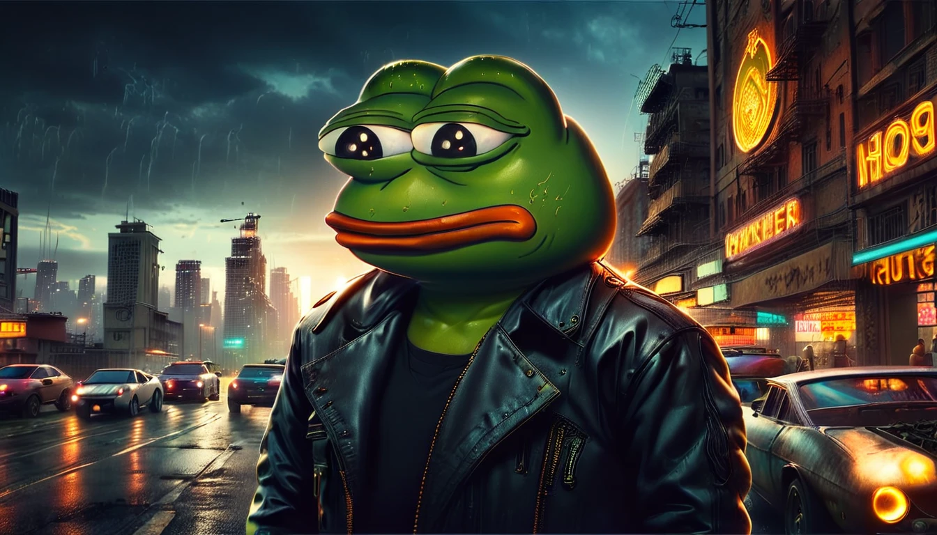 Pepe the frog, driving a Lamborghini, highly detailed, 3D render, dynamic lighting, realistic, photorealistic, studio lighting, sharp focus, vibrant colors, ultrarealistic, 8K, volumetric lighting, ray tracing, glossy surfaces, intricate details, muscular strong body, angry expression, anthropomorphic frog, neon cyberpunk city background, highly detailed environment, cinematic composition, dramatic lighting, moody colors, gritty urban setting, ((pepe_frog))), 1 boy