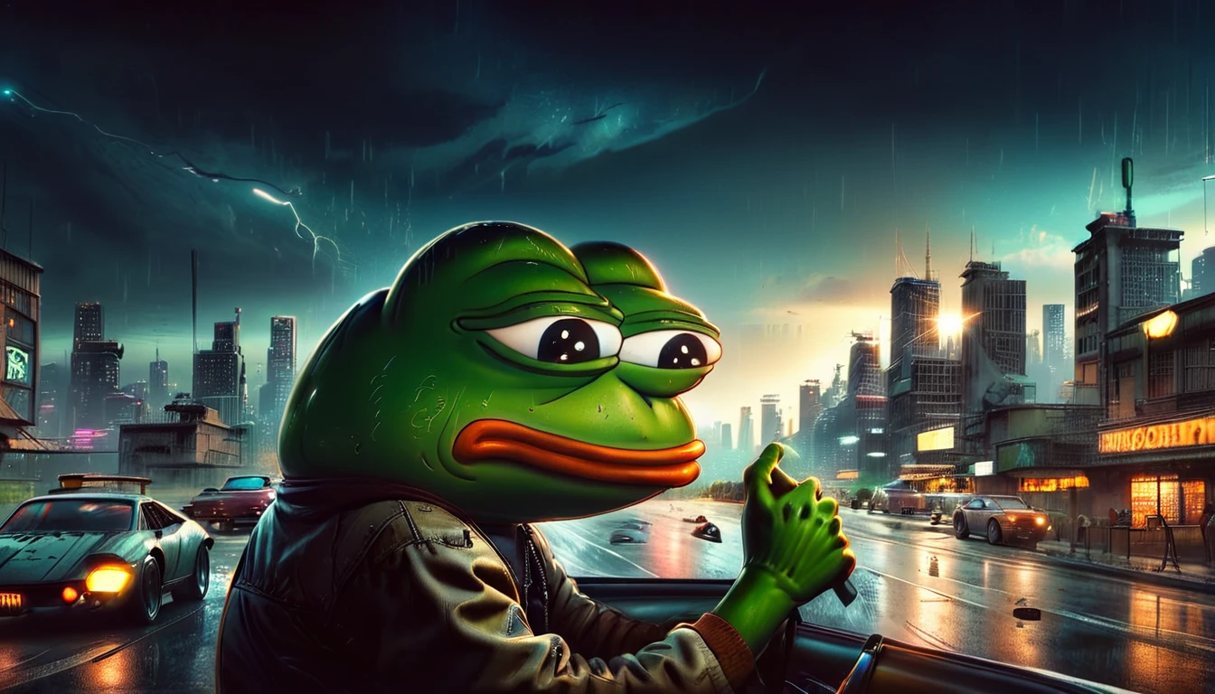 Pepe the frog, driving a Lamborghini, highly detailed, 3D render, dynamic lighting, realistic, photorealistic, studio lighting, sharp focus, vibrant colors, ultrarealistic, 8K, volumetric lighting, ray tracing, glossy surfaces, intricate details, muscular strong body, angry expression, anthropomorphic frog, neon cyberpunk city background, highly detailed environment, cinematic composition, dramatic lighting, moody colors, gritty urban setting, ((pepe_frog))), 1 boy