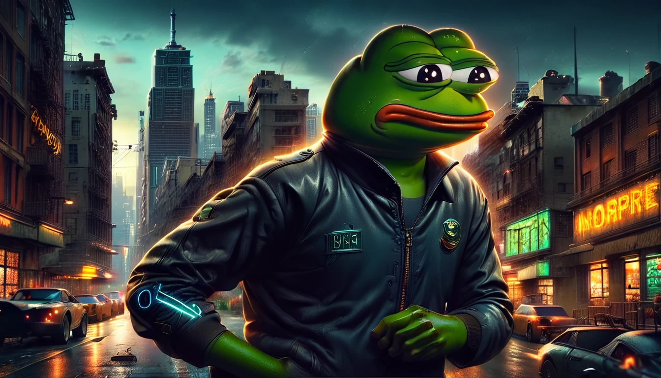 Pepe the frog, driving a Lamborghini, highly detailed, 3D render, dynamic lighting, realistic, photorealistic, studio lighting, sharp focus, vibrant colors, ultrarealistic, 8K, volumetric lighting, ray tracing, glossy surfaces, intricate details, muscular strong body, angry expression, anthropomorphic frog, neon cyberpunk city background, highly detailed environment, cinematic composition, dramatic lighting, moody colors, gritty urban setting, ((pepe_frog))), 1 boy