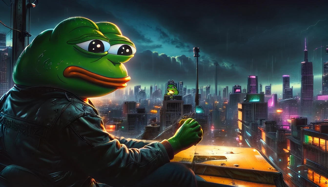 Pepe the frog, driving a Lamborghini, highly detailed, 3D render, dynamic lighting, realistic, photorealistic, studio lighting, sharp focus, vibrant colors, ultrarealistic, 8K, volumetric lighting, ray tracing, glossy surfaces, intricate details, muscular strong body, angry expression, anthropomorphic frog, neon cyberpunk city background, highly detailed environment, cinematic composition, dramatic lighting, moody colors, gritty urban setting, ((pepe_frog))), 1 boy