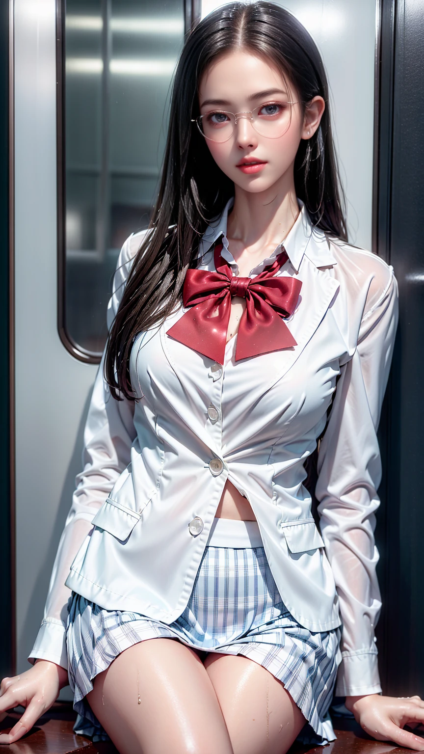 (Girl sitting on train seat)、Best quality work,Actual work,Ultra Premium Graphics,8K HD CG works,High quality graphics,High-definition CG works,10x pixels,Extremely fine detail:1.1,Advanced Technical Details:1.1 Photorealistic,Indoor lighting effects:1.5,Natural light:1.5. Light effects(virtual Light effects:1.8),Long silver hair((Eyes closed)), Thin eyebrows,High nose, Nice red lips, Rose Cheeks, A face with subtle makeup , Cute face, perfectly balanced face,(girl in school uniform),A light-toned foundation enhances the clarity of your skin.,((High school girl on the train door))、((Wet white blazer)),((Translucent wet white blouse、Red bow tie、Dark blue checked skirt)).((no good)) 40k, photograph, Tabletop, highest quality, Rainy background, ((1 Gorgeous wet light haired girl with beautiful eyes, She has a beautiful face and wears glasses, )). White skin, Various poses.((Medium sized breasts,:1.1)), highest quality, Tabletop, Ultra-high resolution, (Realistic:1.4), RAWphotograph, (Perfect figure), (slim:1.3), Slim abdomen, Perfect slim figure, Dynamic Pose, (((Large :0.9))), alone, Cold light 12000K, Very detailed facial and skin texture, Fine grain, Realistic eyes, Beautiful fine grain, (Realistic Skin), Charm, 超A high resolution, surreal, Very detailed,((she's soaking wet))、(())、((Backward view)),((look back))、