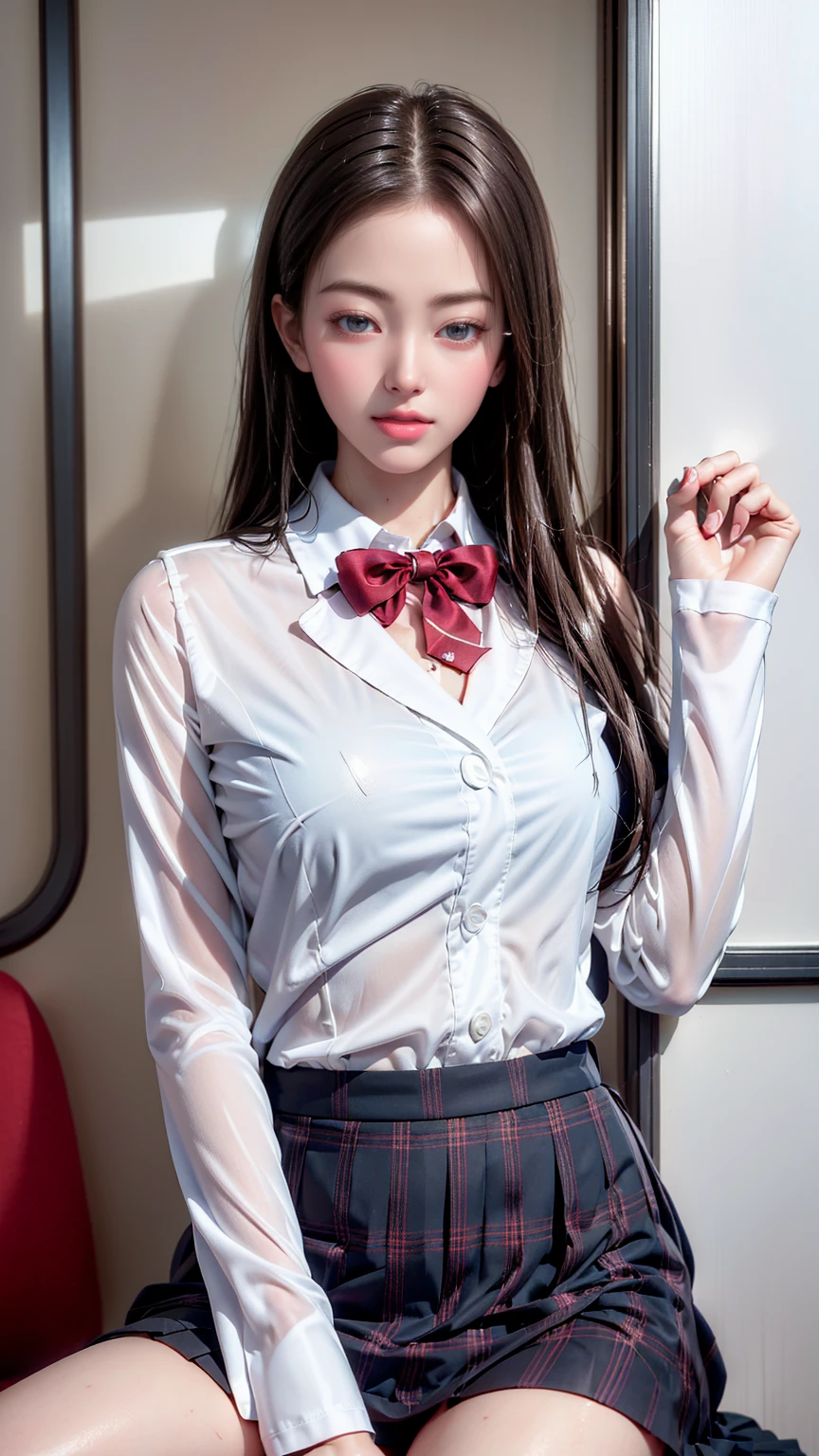 （Girl sitting on train seat)、Best quality work，Actual work，Ultra Premium Graphics，8K HD CG works，High quality graphics，High-definition CG works，10x pixels，Extremely fine detail：1.1，Advanced Technical Details：1.1 Photorealistic，Indoor lighting effects：1.5，Natural light：1.5. Light effects（virtual Light effects：1.8），Long silver hair（(Eyes closed)), Thin eyebrows，High nose, Nice red lips, Rose Cheeks, A face with subtle makeup , Cute face, perfectly balanced face，(girl in school uniform），A light-toned foundation enhances the clarity of your skin.，((High school  the train door))、((Wet white blazer)),((Translucent wet white blouse、Red bow tie、Dark blue checked skirt)).((no good)) 40k, photograph, Tabletop, highest quality, Rainy background, ((1 Gorgeous wet light haired girl with beautiful eyes, She has a beautiful face and wears glasses, )). White skin, Various poses.((Medium sized breasts, highest quality, Tabletop, Ultra-high resolution, (Realistic:1.4), RAWphotograph, (Perfect figure), (slim:1.3), Slim abdomen, Perfect slim figure, Dynamic Pose, (((Large :0.9))), alone, Cold light 12000K, Very detailed facial and skin texture, Fine grain, Realistic eyes, Beautiful fine grain, (Realistic Skin), Charm, 超A high resolution, surreal, Very detailed,((she&#39;s soaking wet))、(())、((Blook back))、