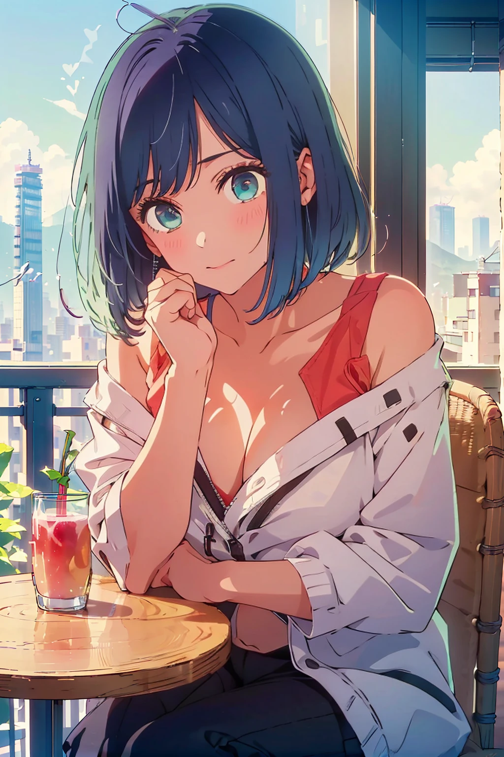 (Highest quality:1.4、8K:1.4、detailed)、F cup bust、Big Breasts、Slim body、Very white beautiful skin、((((1 person、Surprised expression、sit、Chair、In the background are the urban buildings of Tokyo、looking at the camera、Indoor cafe terrace、Navy hair color、juice、Shooting up close、table、Very cute face))))、((((nude、Areola))))、(Hand touching cheek pose:1.4、Cheek resting on hand:1.4)、(Off-the-shoulder zip-up jacket)