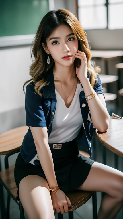 ((8K, high resolution,Masterpiece, best quality, alone, complicated details, Chromatic aberration), realistic, ((chestกลาง)), ((chest)), ((chest)), (chestหย่อนคล้อย.), hair in one eye, big round hoop earrings, Diamond choker, Gold Necklace, silver necklace, small watch, bangle, bracelet, bangleข้อเท้า, waist necklace, (symmetrical eyes),(Perfect symmetrical body), (Photo of a beautiful age girl in her 20s.), Beautiful and charming with contemporary fashion paintings as well....., looking at the audience, ((Behind the scenes of a large classroom)), (black short skirt), (((blue jacket, short sleeve)​, ((เสื้อshort sleeveสีขาว, เปิดchest, โชว์chestของคุณ), (open your shirt.), ), (เปิดchest), (chestหย่อนคล้อย.))), (()), (Long square leather belt buckle), ((Put your hands down.)), (Bob, medium length hair,big curls, Side flatness, Blonde hair, (There is a thin layer of hair covering the face.....)), sharp eyeliner, eyelid, Blush, have thick eyelashes, sharp eyes, purple eyes, pink cheeks, Very delicate and beautiful, round chin, Sharp focus, elegant, (sitting on the table reading a book..), (Sit with your legs apart..., free feet, Show off faded underwear), (), (Close-up full body photo, Saw black stilettos...) 
