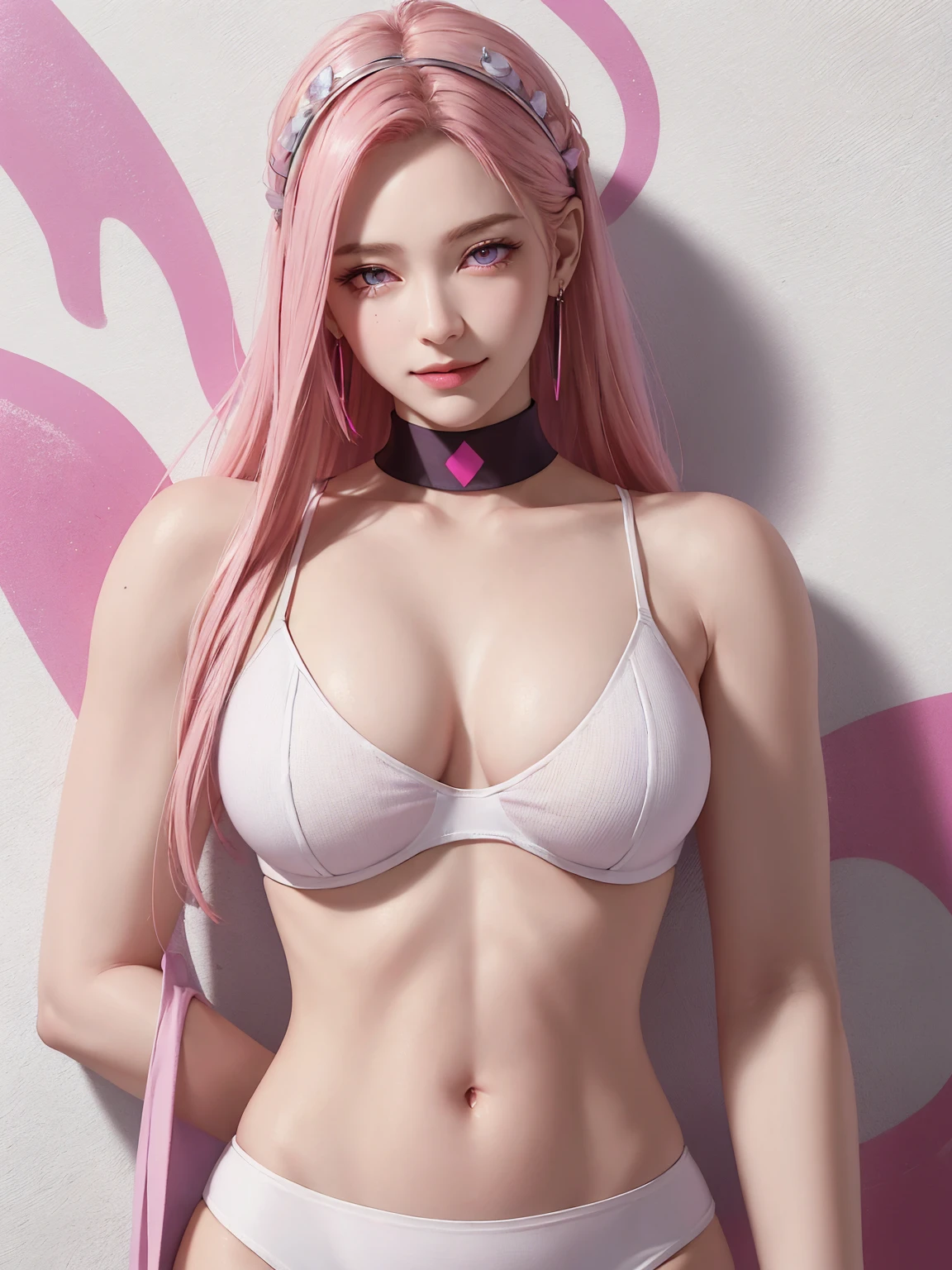 (Masterpiece, best quality, 1 girl, alone, complicated details, Chromatic aberration), realistic, ((Moderate breath)),long hair, pink hair, Red headpiece, Pink Highlights, hair on one eye,purple eyes, earring, sharp eyes, choker, Neon coat, She wears a collar, bangle, and kimono style garters., crop top, (symmetrical eyes),(Perfect symmetrical body),against the wall, Brick wall, (colorful graffiti words on the wall:1.2), The light is dim., alley ,Look at the viewer.、Dig the chest、smile、(sleeveless、Navel touch、Fitted turtleneck.)、street string hot pants、Thin bottom、Please build above the eaves..、Thin shoulders、in underwear、