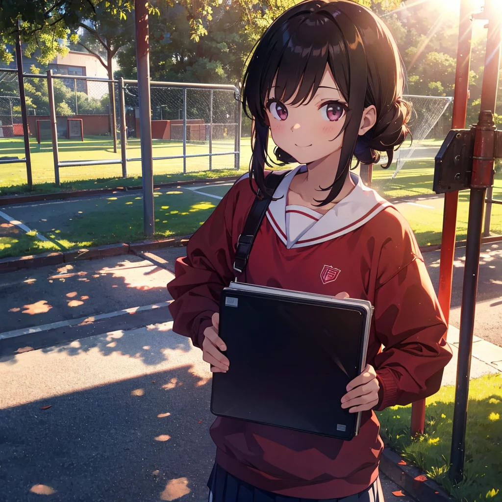 absurdres, highres,
BREAK
girl wearing red jersey, background is school playground, holding a binder, standing, Refreshing sunlight, sweat, smile,