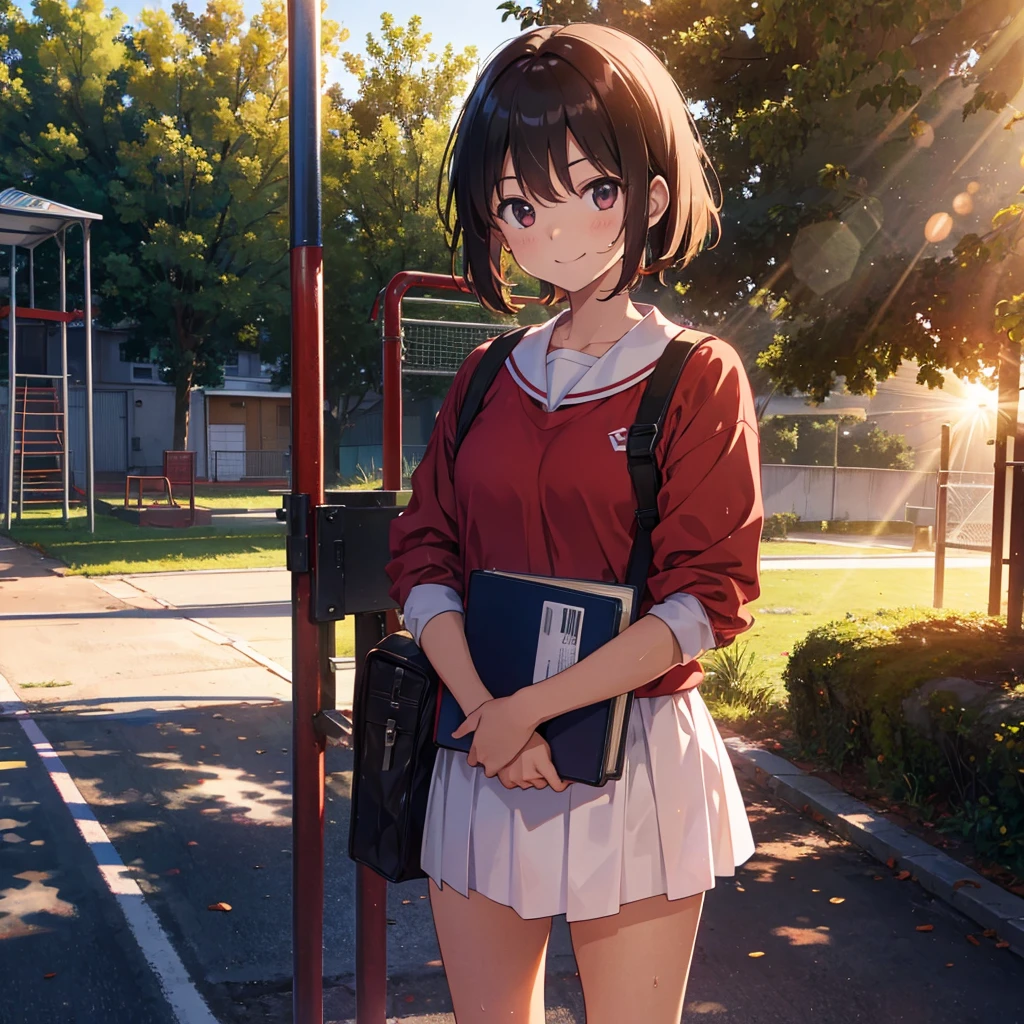 absurdres, highres,
BREAK
girl wearing red jersey, background is school playground, holding a binder, standing, Refreshing sunlight, sweat, smile,