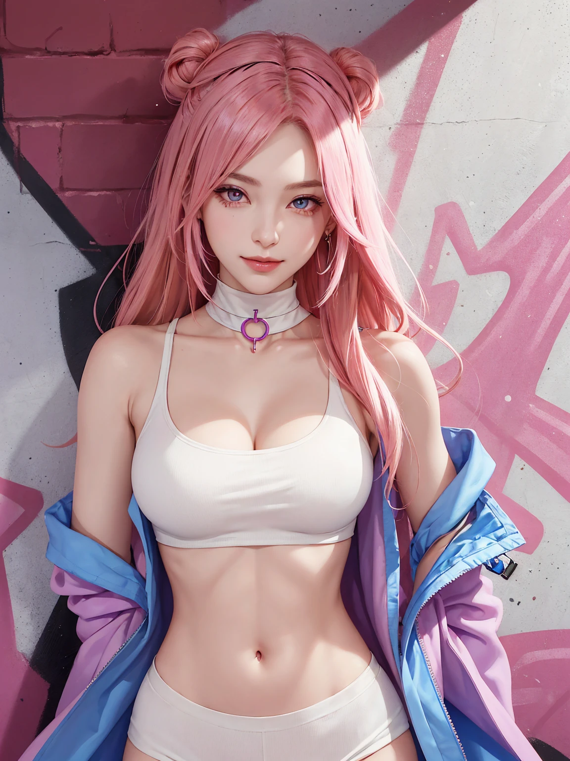 (Masterpiece, best quality, 1 girl, alone, complicated details, Chromatic aberration), realistic, ((Moderate breath)),long hair, pink hair, Red headpiece, Pink Highlights, hair on one eye,purple eyes, earring, sharp eyes, choker, Neon coat, She wears a collar, bangle, and kimono style garters., crop top, (symmetrical eyes),(Perfect symmetrical body),against the wall, Brick wall, (colorful graffiti words on the wall:1.2), The light is dim., alley ,Look at the viewer.、Dig the chest、smile、(sleeveless、Navel touch、Fitted turtleneck.)、street string hot pants、Thin bottom、Please build above the eaves..、Thin shoulders、in underwear、