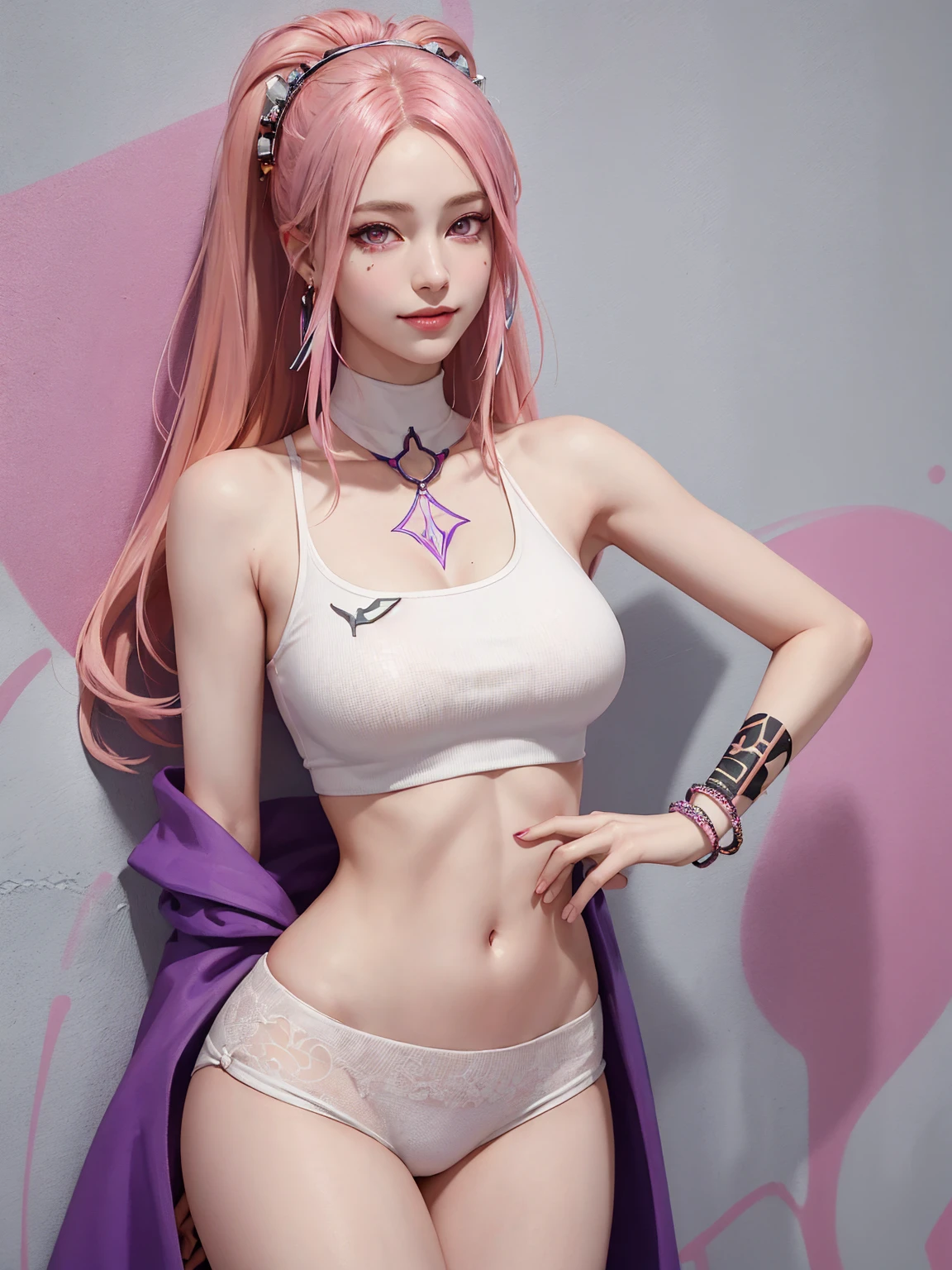 (Masterpiece, best quality, 1 girl, alone, complicated details, Chromatic aberration), realistic, ((Moderate breath)),long hair, pink hair, Red headpiece, Pink Highlights, hair on one eye,purple eyes, earring, sharp eyes, choker, Neon coat, She wears a collar, bangle, and kimono style garters., crop top, (symmetrical eyes),(Perfect symmetrical body),against the wall, Brick wall, (colorful graffiti words on the wall:1.2), The light is dim., alley ,Look at the viewer.、Dig the chest、smile、(sleeveless、Navel touch、Fitted turtleneck.)、street string hot pants、Thin bottom、Please build above the eaves..、Thin shoulders、in underwear、