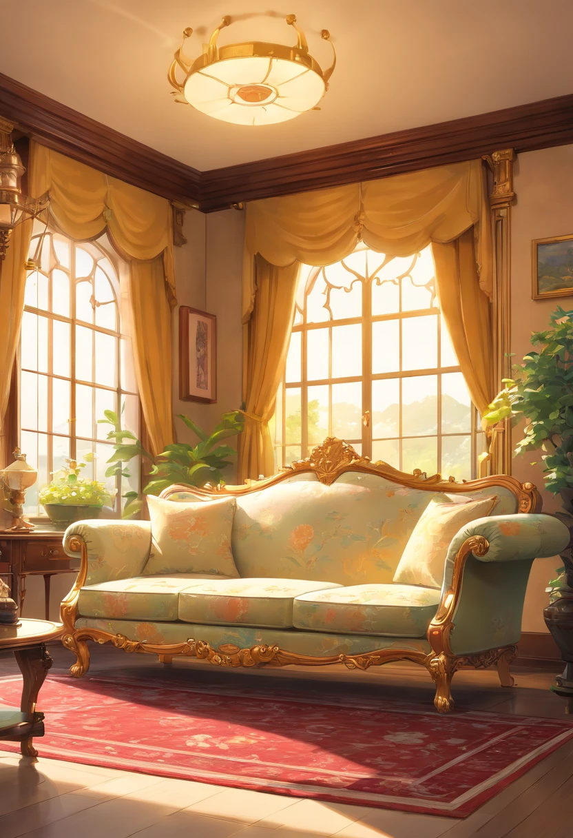 a luxury sofa, a rich man's house, a cute room, golden colored, white colors, beautiful decoration, antique furniture, intricate patterns, ornate details, warm lighting, plush fabrics, elegant decor, luxurious textures, opulent design, high-end interior, masterpiece, hyper-realistic, 8k, best quality, photorealistic